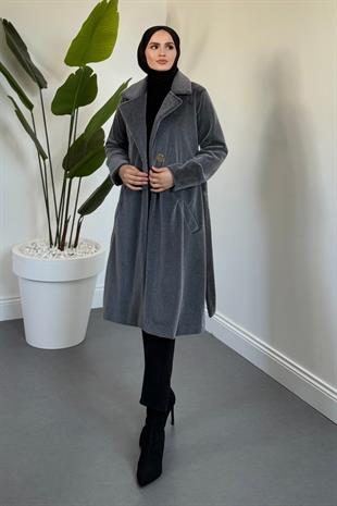 Fringe Astarlı Kaşmir Kaşe Kaban Füme