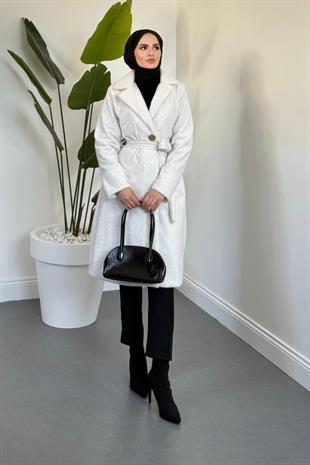 Fringe Astarlı Kaşmir Kaşe Kaban Krem