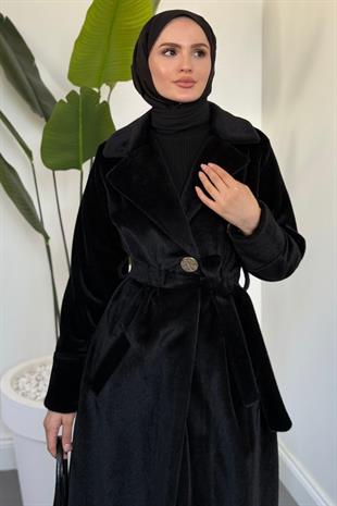 Fringe Astarlı Kaşmir Kaşe Kaban Siyah