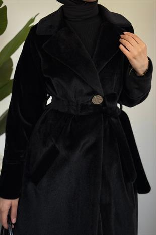 Fringe Astarlı Kaşmir Kaşe Kaban Siyah