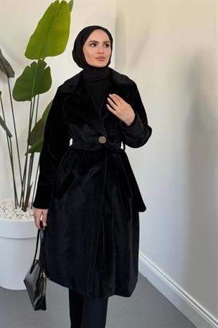 Fringe Astarlı Kaşmir Kaşe Kaban Siyah