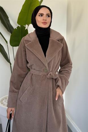 Fringe Astarlı Kaşmir Kaşe Kaban Vizon