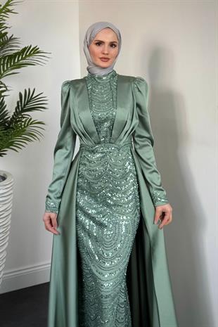 Gabriella Pelerinli Saten Abiye Mint