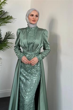Gabriella Pelerinli Saten Abiye Mint
