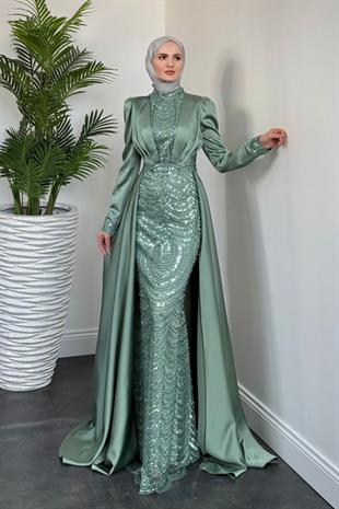 Gabriella Pelerinli Saten Abiye Mint