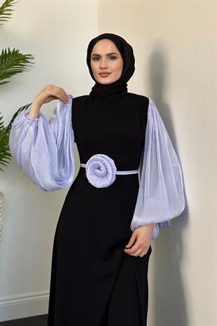 Galida Gül Kemerli Balon Kol Abiye Lila