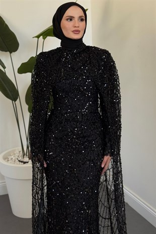 Galoria Seyyar Pelerinli Pul Payet Abiye Siyah