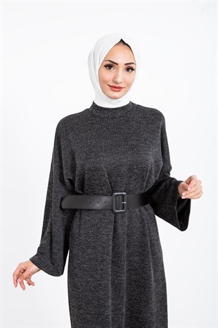 Geniş Kol Kemerli Elbise Füme