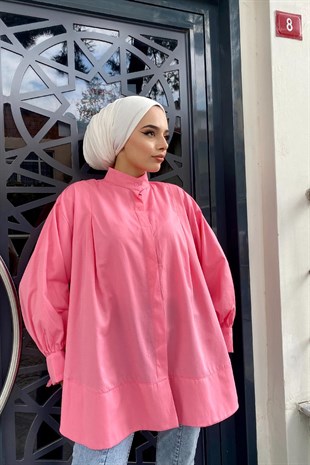 Geniş Pileli Poplin Gömlek Pembe