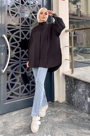 Geniş Pileli Poplin Gömlek Siyah