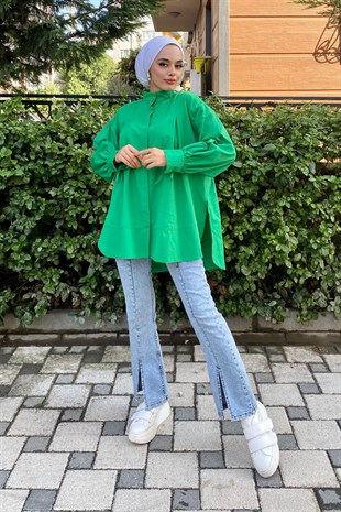 Geniş Pileli Poplin Gömlek Yeşil