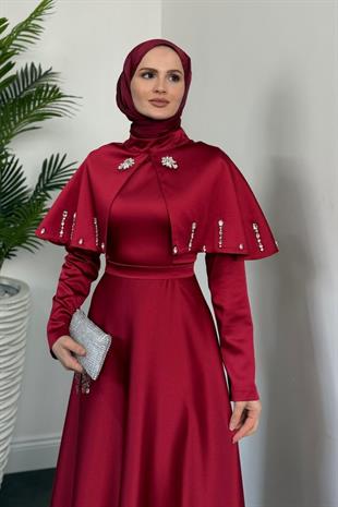 Giorgia Pelerinli Taşlı Saten Abiye Bordo