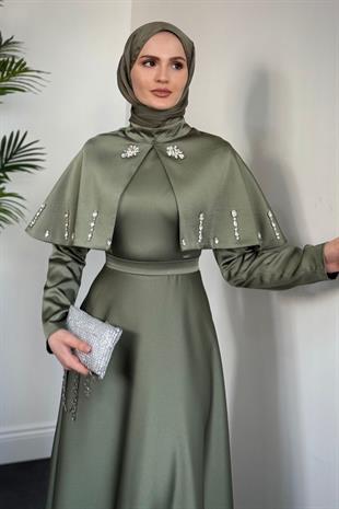 Giorgia Pelerinli Taşlı Saten Abiye Haki