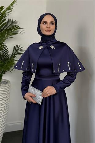 Giorgia Pelerinli Taşlı Saten Abiye Lacivert