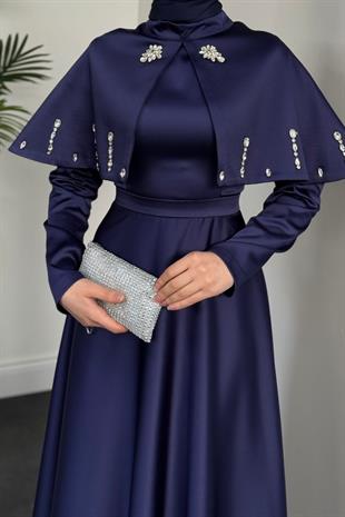 Giorgia Pelerinli Taşlı Saten Abiye Lacivert