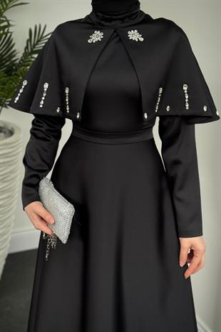 Giorgia Pelerinli Taşlı Saten Abiye Siyah