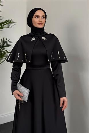 Giorgia Pelerinli Taşlı Saten Abiye Siyah