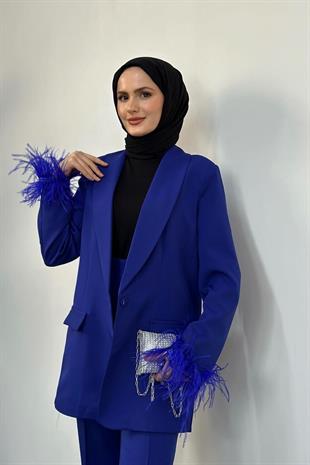 Gloria Kolları Tüy Detay Blazer Ceket Takım Saks