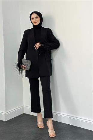 Gloria Kolları Tüy Detay Blazer Ceket Takım Siyah