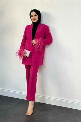 Gloria Kolları Tüy Detay Blazer Ceket Takım Fuşya