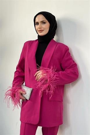 Gloria Kolları Tüy Detay Blazer Ceket Takım Fuşya