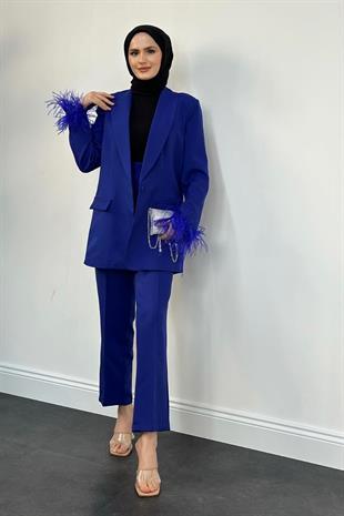 Gloria Kolları Tüy Detay Blazer Ceket Takım Saks