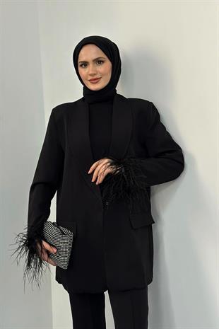 Gloria Kolları Tüy Detay Blazer Ceket Takım Siyah