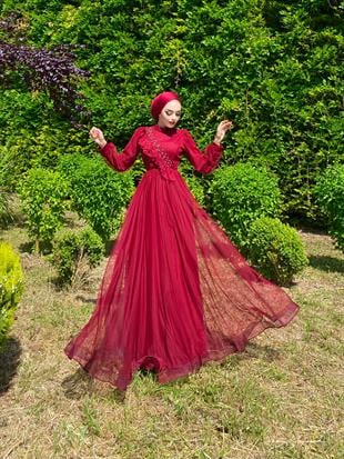 Göğsü Fırfır Taşlı Abiye Bordo