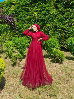 Göğsü Fırfır Taşlı Abiye Bordo