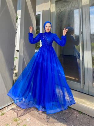 Göğsü Fırfır Taşlı Abiye Saks