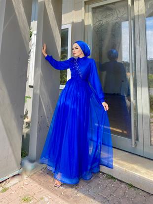 Göğsü Fırfır Taşlı Abiye Saks