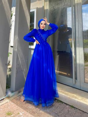 Göğsü Fırfır Taşlı Abiye Saks