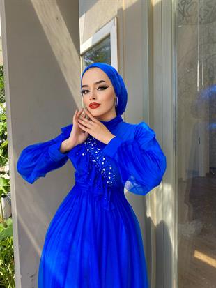 Göğsü Fırfır Taşlı Abiye Saks