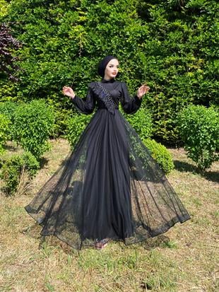 Göğsü Fırfır Taşlı Abiye Siyah