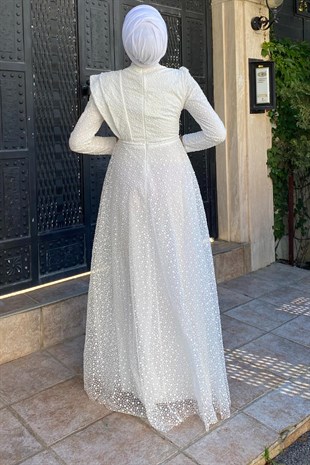 Gögsu Fırfırlı Nokta Desenlı Abiye Beyaz