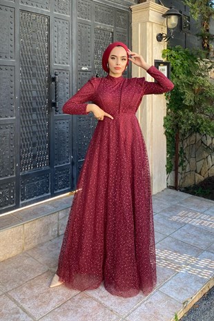 Gögsu Fırfırlı Nokta Desenlı Abiye Bordo