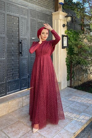 Gögsu Fırfırlı Nokta Desenlı Abiye Bordo