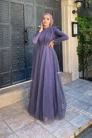 Gögsu Fırfırlı Nokta Desenlı Abiye Mürdüm