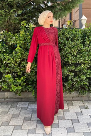 Gögsü İşlemeli Dantel Abiye Bordo