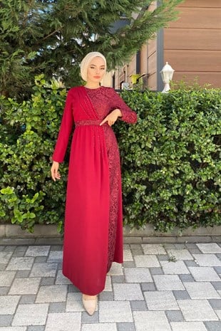 Gögsü İşlemeli Dantel Abiye Bordo