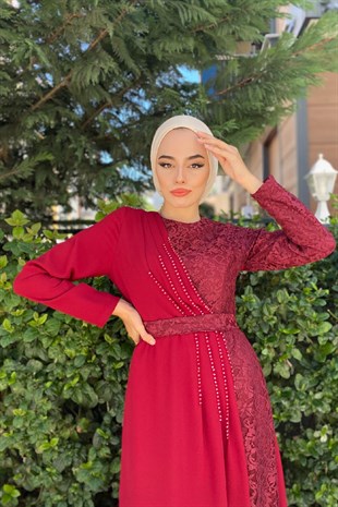 Gögsü İşlemeli Dantel Abiye Bordo