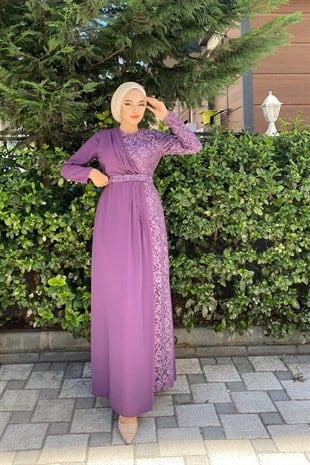 Gögsü İşlemeli Dantel Abiye Lila