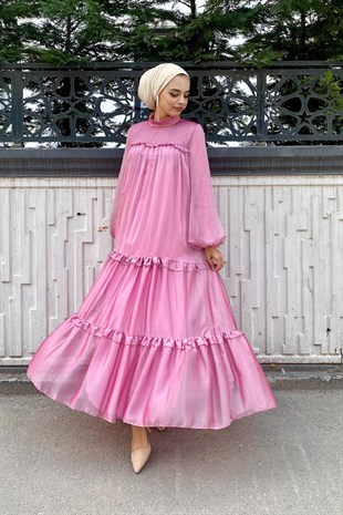 Gögsü Piliseli Katkat Tül Abiye Pembe