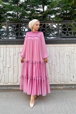 Gögsü Piliseli Katkat Tül Abiye Pembe