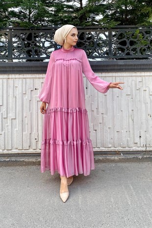 Gögsü Piliseli Katkat Tül Abiye Pembe