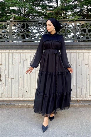 Gögsü Piliseli Katkat Tül Abiye Siyah