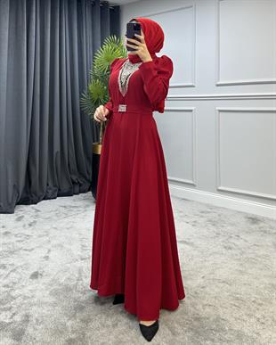 Göğsü Ve Kemeri Taşlı Abiye Bordo