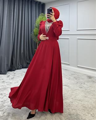 Göğsü Ve Kemeri Taşlı Abiye Bordo