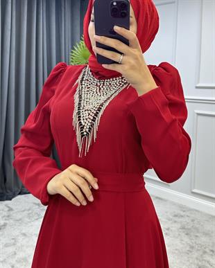 Göğsü Ve Kemeri Taşlı Abiye Bordo