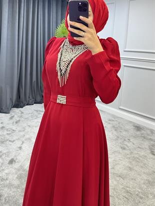 Göğsü Ve Kemeri Taşlı Abiye Bordo